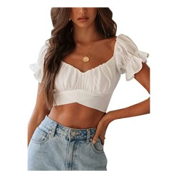 Ruffle Short Sleeve Tie Up Back Crop Top Off Shoulder Bardot Blouse