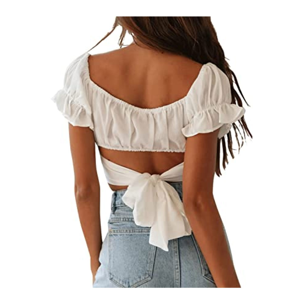 Ruffle Short Sleeve Tie Up Back Crop Top Off Shoulder Bardot Blouse