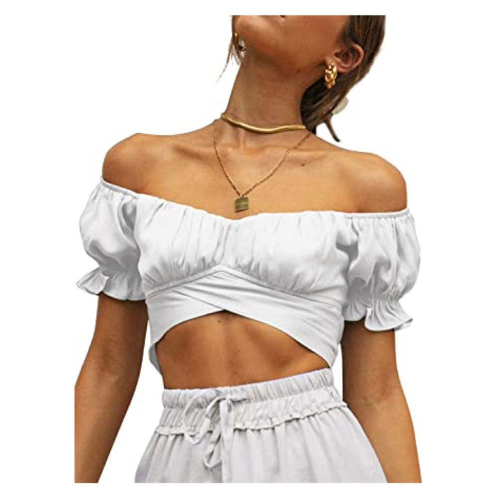 Ruffle Short Sleeve Tie Up Back Crop Top Off Shoulder Bardot Blouse