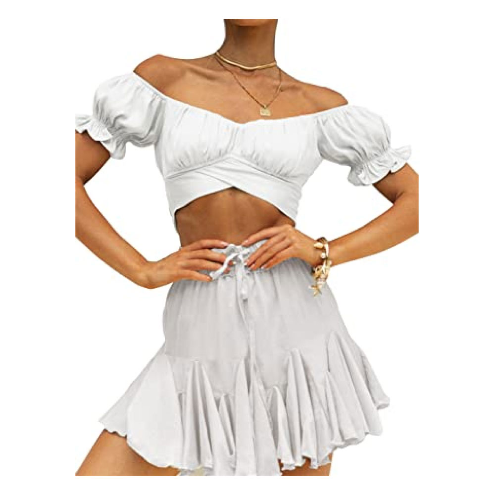 Ruffle Short Sleeve Tie Up Back Crop Top Off Shoulder Bardot Blouse
