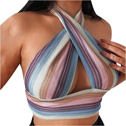 Halter Wrap Criss Cross Striped Knit Tunic Sleeveless Backless Blouse