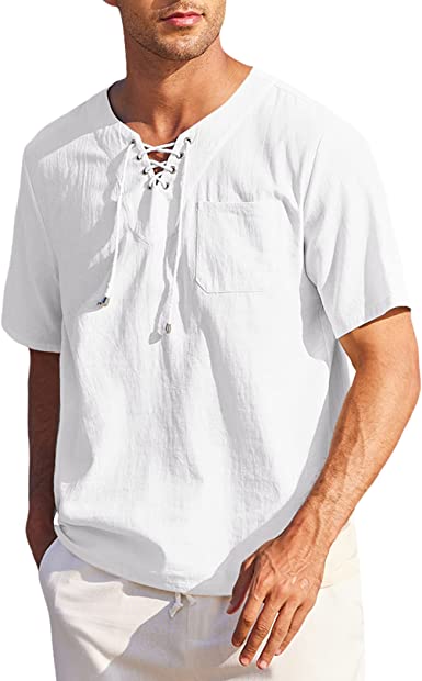 Men Casual Cotton Linen T Shirt Short Sleeve Beach Lace Up Hippie Shirt