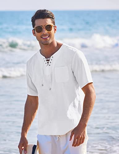 Men Casual Cotton Linen T Shirt Short Sleeve Beach Lace Up Hippie Shirt