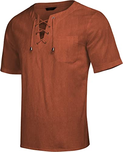 Men Casual Cotton Linen T Shirt Short Sleeve Beach Lace Up Hippie Shirt