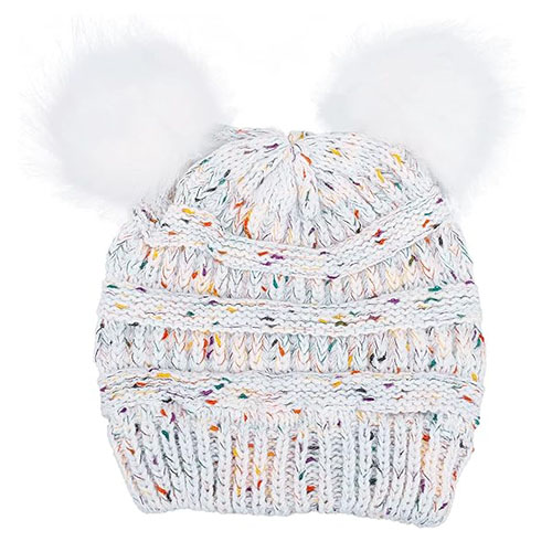 Multi-Color Ear Double Pom Pom Beanie Hat