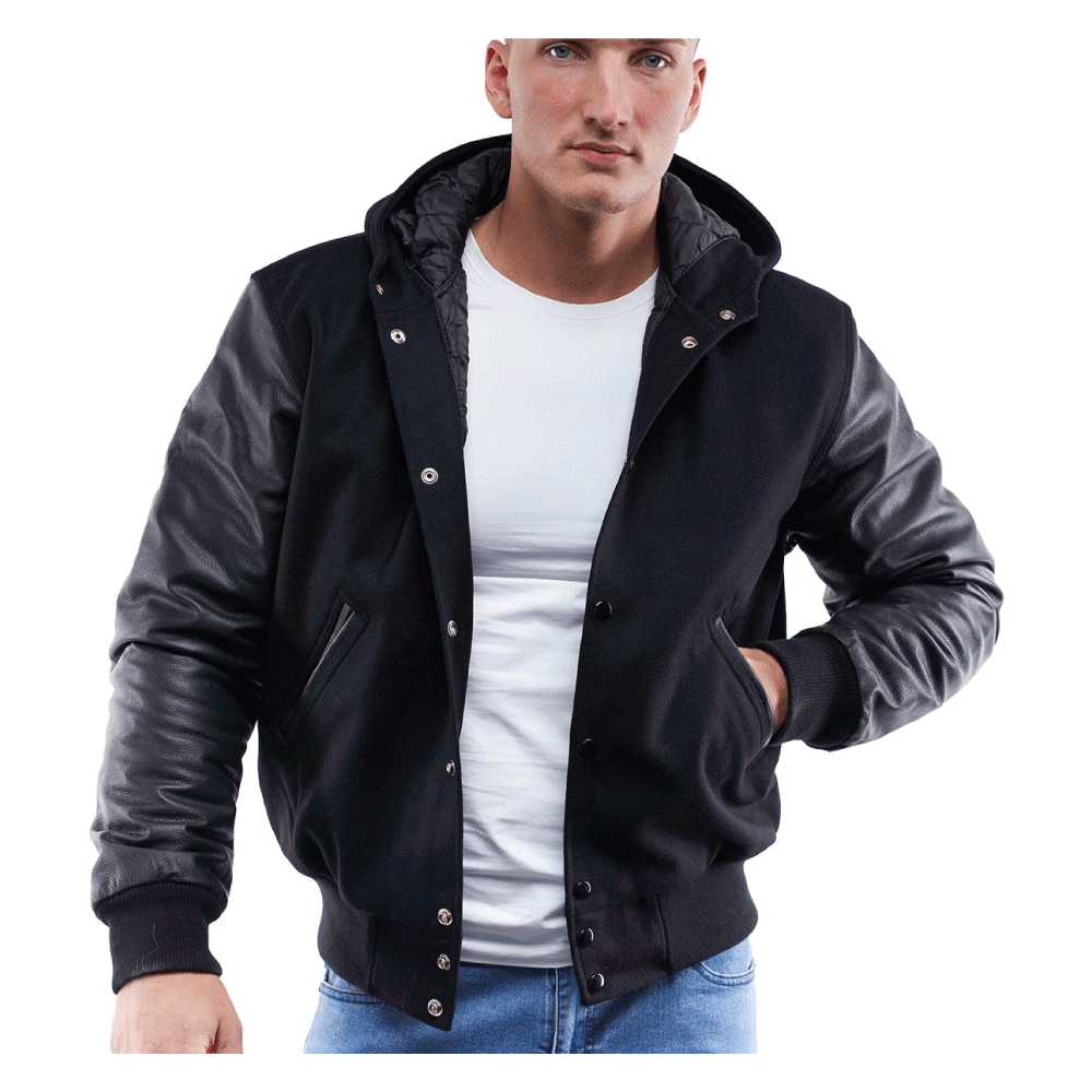 Leather Sleeves Hoodie Letterman Jacket